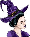 vector illustration of beautiful witch in a classic hat
