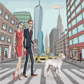 Vector illustration of beautiful woman girl and business men couple in love walking with white labrador dog pet on New York city
