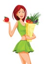 Vector of beautiful woman holding an apple and grocery bag full of vegetables Royalty Free Stock Photo