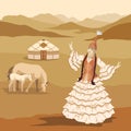 Vector illustration. A beautiful woman in a Kazakh national costume, against the background of a mountain landscape, a yurt