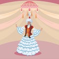 Vector illustration. Beautiful woman and man in Kazakh national costumes, with additional ornaments, wedding invitation