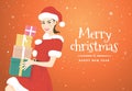 Vector illustration with A beautiful woman in Santa Claus costume holding many gift boxes of the Merry Christmas and Happy New Royalty Free Stock Photo