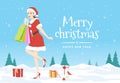Vector illustration with A beautiful woman in Santa Claus costume holding shopping bags on ice snow and many gift boxes of the Royalty Free Stock Photo