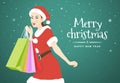 Vector illustration with A beautiful woman in Santa Claus costume holding shopping bags of the Merry Christmas and Happy New Year Royalty Free Stock Photo