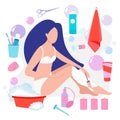 Vector illustration of beautiful woman towel shaves her legs with a safety razor.