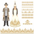 Vector illustration. Beautiful women`s and men`s Kazakh national costume, with additional ornaments.