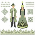 Vector illustration. Beautiful women`s and men`s Kazakh national costume, with additional ornaments.