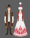 Vector illustration. Beautiful women`s and men`s Kazakh national costume, with additional ornaments.