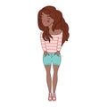 Vector illustration of a beautiful young african american girl in striped shirt, jeans shorts and sneakers.