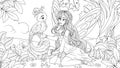 Vector illustration, a beautiful young fairy sits on a fairy meadow with a fabulous bird