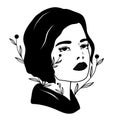 Vector illustration of beautiful young girl and flowers. Monochrome female art for sketch tattoos, fashion prints, cards