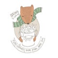 Vector illustration. Beaver in sweater with a bucket