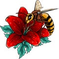 vector illustration of Bee with flowers engraving style isolate on white background Royalty Free Stock Photo