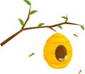 vector illustration of a bee hive on a branch, a house of bees on a tree, flying around