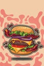 Vector illustration of beef burger, cheddar cheese, bacon, grilled onion, lettuce and tomato