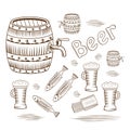 Vector illustration of a beer barrel, mug and fish. Background of a brewery, bar in vintage style.