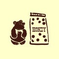 Vector illustration of big can with tasty honey and cute bear.
