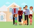 Vector illustration of big happy caucasian family with many children, mother, father with grandmother and grandfather Royalty Free Stock Photo