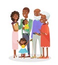 Vector illustration of big happy family portrait. African American grandparents, parents and children together isolated Royalty Free Stock Photo