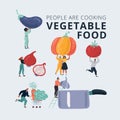 Vector illustration of big harvest vegetables set. Tiny people in cooking prosses. Eggplant, pumpkin, tomato, onion Royalty Free Stock Photo