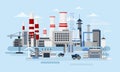Vector illustration of big manufacturer with a lot of buildings and cars. Ecology Concept, factory pollution, industry