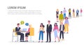 Vector illustration of big queue of people standing towards a credit expert. Royalty Free Stock Photo