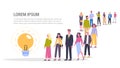 Vector illustration of big queue of people standing towards an idea. Royalty Free Stock Photo