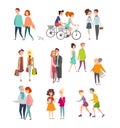 Vector illustration big set of walking and standing people, happy friends, hugging couples, people riding bicycles Royalty Free Stock Photo