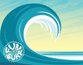Vector illustration with big wave, blue ocean and surfing logo. Tropical nature and water sport - surfing Royalty Free Stock Photo