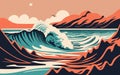 Vector illustration of a big wave breaking on the coast in the sea, beach water splash, surfing landscape, generative ai Royalty Free Stock Photo