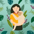 Vector illustration of a biologist keeping cute monkey in the hands