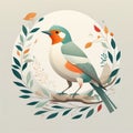 Vector illustration of a bird on a branch with leaves and flowers. generative ai Royalty Free Stock Photo