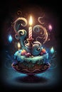 Vector illustration of a birthday cake with a burning candle on a dark background Royalty Free Stock Photo