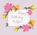 Vector illustration of birthday card with colorful lilies flowers on light pastel background