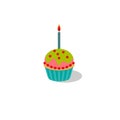 Vector illustration. Birthday cupcake with burning candle Royalty Free Stock Photo