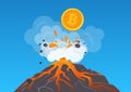 Vector illustration of bitcoin cryptocurrency convulsing out of volcano with lava. Bitcoun growing fast. Royalty Free Stock Photo