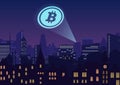 Vector illustration of bitcoin cryptocurrency projector in city at night.