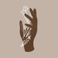 Vector illustration of a black African American hand with white doodle flowers. Flat and line art isolated. Trend, naturalness and