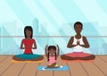 Vector illustration of the black african family meditating in fitness room on the modern city background.
