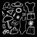 Vector illustration on black background. Fashion set of woman`s summer clothes and accessories. Black and white