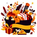 Vector illustration of a black basket full of gifts and autumn leaves. generative AI