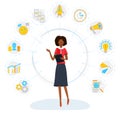 Black businesswoman and multitasking concept. Business woman is standing among office icons. Project task management, productivity