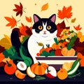 Vector illustration of a black cat sitting next to a plate full of autumn vegetables. AI Generated