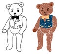 Vector illustration of black contour and colorful silhouette drawing vintage toy plush teddy bear in blue vest isolated on white