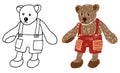 Vector illustration of black contour and colorful silhouette drawing vintage toy plush teddy bear in red shorts isolated on white