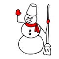 Vector Illustration of a black fun snowman with a red scarf and mittens and a broom isolated on a white background for coloring Royalty Free Stock Photo