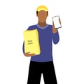 Vector illustration of black or latin man in a cap is delivering the paper package and showing smartphone. Safe online delivery to
