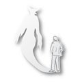 Vector illustration black line hand drawn of businessman standing back on his devil shadow shape cut paper with shadow isolated on Royalty Free Stock Photo