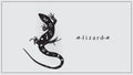 Vector illustration of a black lizard with white flowers and plants. EPS 10. Royalty Free Stock Photo