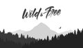 Black mountains flat landscape background with silhouette of Hawk and hand lettering of Wild and Free Royalty Free Stock Photo